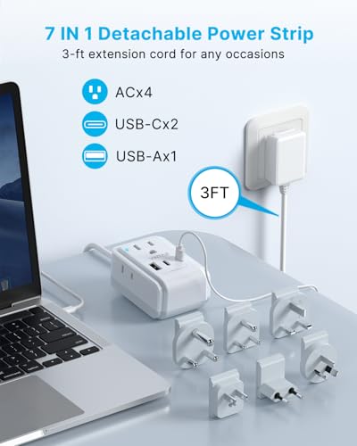 Universal Travel Adapter with 3ft Detachable Cord