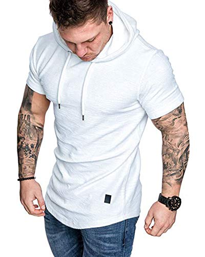 Mens Fashion Hoodies Sport Pullover Solid Color Shirt Workout Lightweight Tops White XX