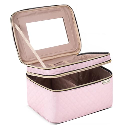 Large Makeup Bag with Mirror Double Layer Travel Make Up Organizer Case