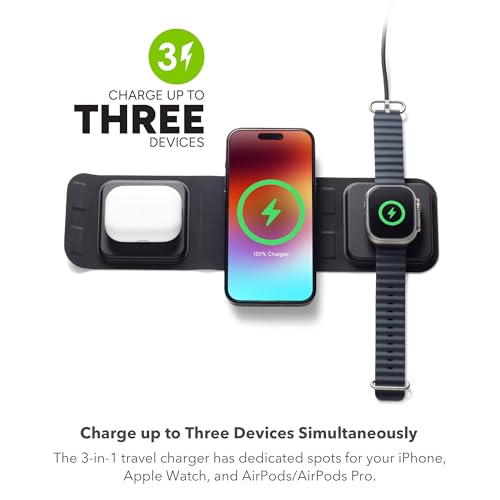 3-in-1 Travel Charger v2 with MagSafe - Portable Wireless Charging Hub, Compatible with Apple Devices, iPhone 17/16/15/14/13/12, Apple Watch Series 11 to 1 & Ultra, AirPods Pro/3rd Gen, Black