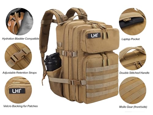 Military Tactical Backpack for Men and Women 45L Army 3 Days Assault Pack Bag Large Rucksack with Molle System Tan