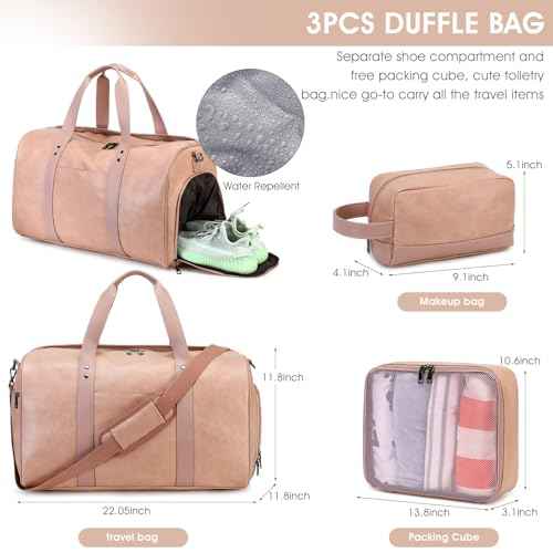 3PCS Faux Leather Weekender Bag for Women Men Travel Bag Overnight Bags (3 Count)