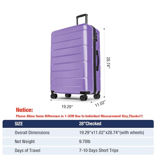 Large Suitcases with Wheels Hardshell 28 Inch Luggage TSA Approved Big Checked Luggage Durable Travel Rolling Suitcase for Women Lt Purple