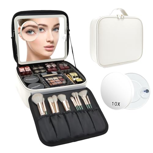 Travel Makeup Bag with LED Mirror and 10x magnifying glass with 3 Lighted Settings