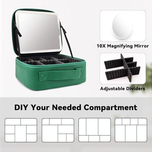 Travel Makeup Bag with LED Mirror and 10x magnifying glass with 3 Lighted Settings
