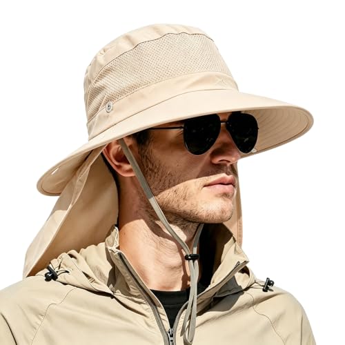 Outdoor Sun Hats with Stowable Neck Flap for Men Women UPF 50+ Mesh Summer Bucket Hat Wide Brim for Fishing Safari Hiking Beige