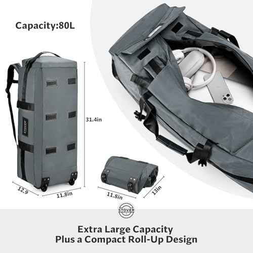 45/80/100L Rolling Duffel Bag with Wheels, Large Durable Travel Duffle + Toiletry Bag, Heavy Duty, Packable, Foldable with Shoulder Straps- Use as Luggage or Backpack, Men/Women (Grey)