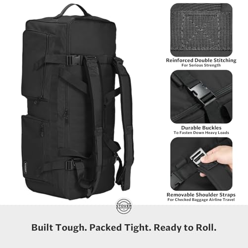 45/80/100L U-Zip Rolling Duffel Bag with Wheels, X-Large Durable Travel Duffle + Toiletry Bag, Lay-Flat Opening, Packable w/Shoulder Straps- Use as Luggage or Backpack, Men/Women (Black)