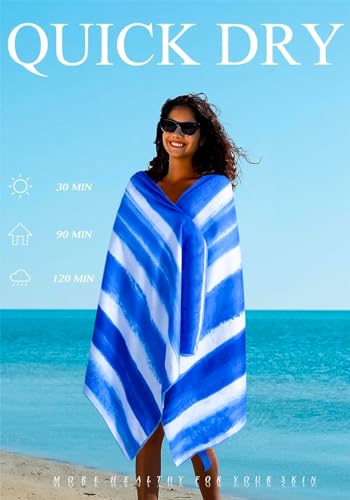 2 Pack Microfiber Beach Towels Oversized 71x32 Blue Striped (2 Count)