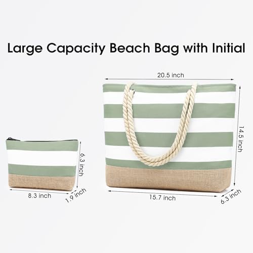 Beach Bag Initial Beach Tote with Makeup Bag for Travel