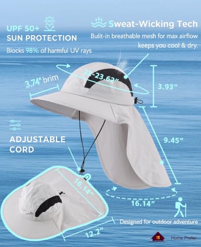 UPF 50+ Wide Brim Bucket Sun Hat with Neck Flap for Men Women UV Protection for Fishing Gardening Hiking Beach Safari Light Grey