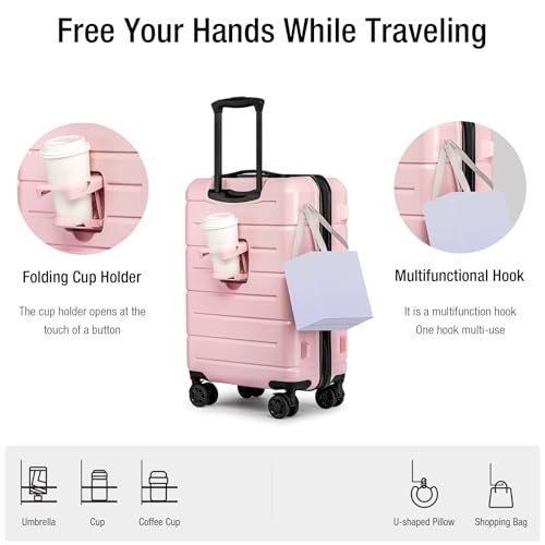 Carry On Luggage 22x14x9 Airline Approved Hardshell Carry On Suitcases with Wheels Travel Rolling 20 Inch Luggage with Cup Holder for Women