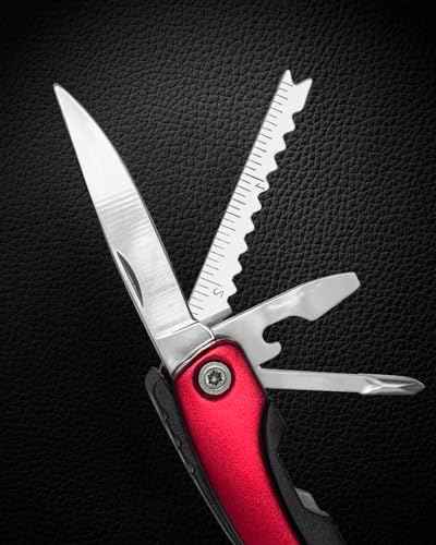11-in-1 Multitool Pliers - Stainless Steel Pocket Knife with Pliers, Screwdriver & Bottle Opener - Aluminum Handle EDC Knives for Survival, Camping, Hunting, Hiking - Gift for Men Women (Red)