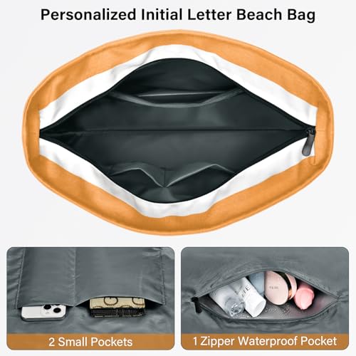 Beach Bag Initial Beach Tote with Makeup Bag for Travel