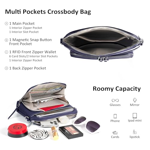 Genuine Leather Crossbody Bags for Women Travel Wallet Purse Navy