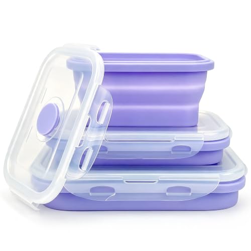 Purple Collapsible Meal Prep Containers Camping Bowls Silicone Bento Box with Airtight Plastic Lid