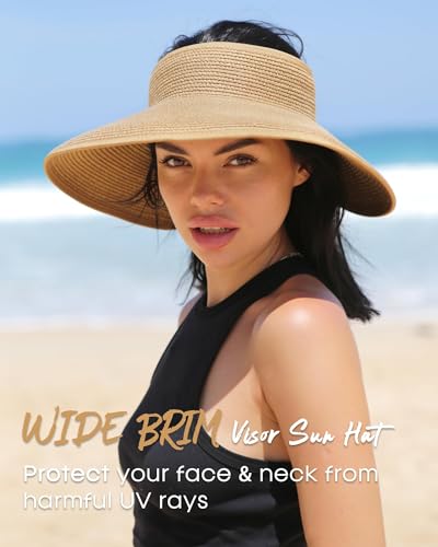 Womens Sun Hat with Ponytail Hole Wide Brim Beach Straw Visor Khaki
