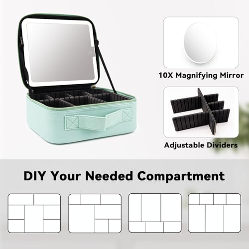 Travel Makeup Bag with LED Mirror and 10x magnifying glass with 3 Lighted Settings