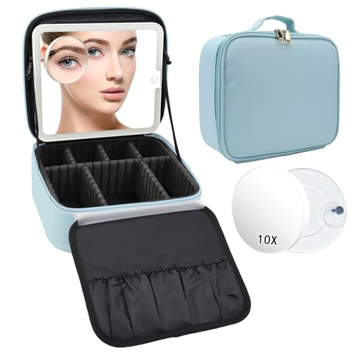 Travel Makeup Bag with LED Mirror and 10x magnifying glass with 3 Lighted Settings