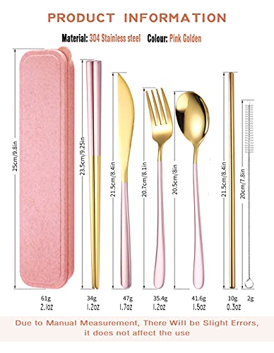 6 Pieces 18 8 Stainless Steel Flatware Set Portable Reusable Cutlery Set Travel Utensils Set Including Chopsticks Knife Fork Spoon Straws Cleaning Brush Dishwasher Safe (6 Count)