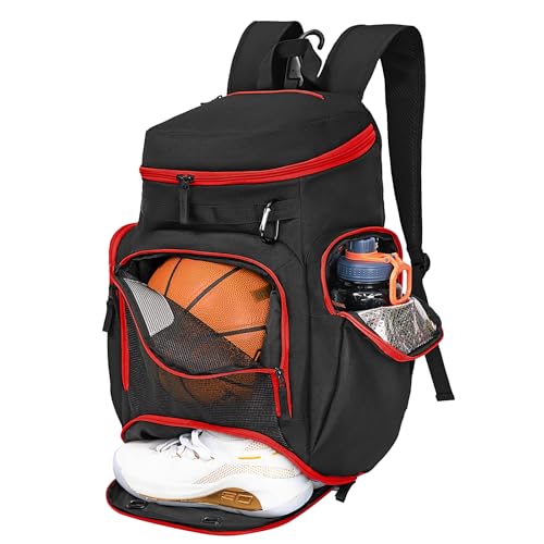 Large Basketball Backpack Sports Gym Bag with Ball Holder Ventilated Shoe Compartment Insulated Cooler Pockets Reflective Strips Fence Hook for Men Athletic Training