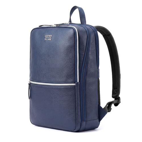 Leather Laptop Backpack for Men with Trolley Strap 16L Blue