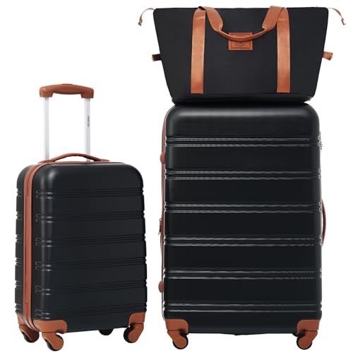 Luggage sets of 3 Piece 20 28 IN Carry on Luggage Hard Case Black and Brown Luggage Expandable Checked Luggage Suitcase Set with Wheels (3 Count)
