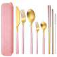 6 Pieces Stainless Steel Flatware Set Portable Reusable Cutlery Set Travel Utensils Set Including Chopsticks Knife Fork Spoon Straws Cleaning Brush Dishwasher Safe (8 Count)