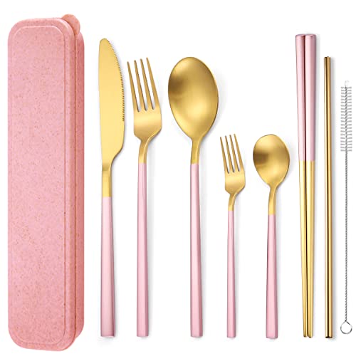 6 Pieces Stainless Steel Flatware Set Portable Reusable Cutlery Set Travel Utensils Set Including Chopsticks Knife Fork Spoon Straws Cleaning Brush Dishwasher Safe (8 Count)