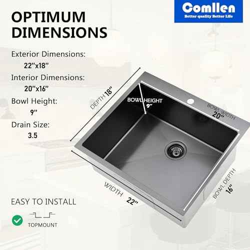 22x18 Inch Black Kitchen Sink
