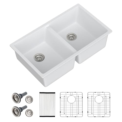 33 Inch Double Bowl Undermount Kitchen Sink White Deep Double Basin Prep Sink 50