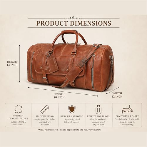 20 Inch Leather Duffle Bag Handmade Rustic Overnight Weekend Bag for Men