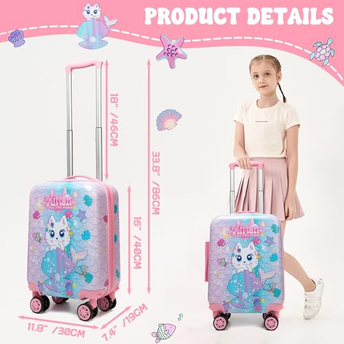 Cute Cat Kid’s Luggage Set 2 Piece Suitcase Set 16" Hardside Luggage with Spinner Wheels Girls Carry on Toddler Travel Rolling Luggage Airline Approved (2 Count)