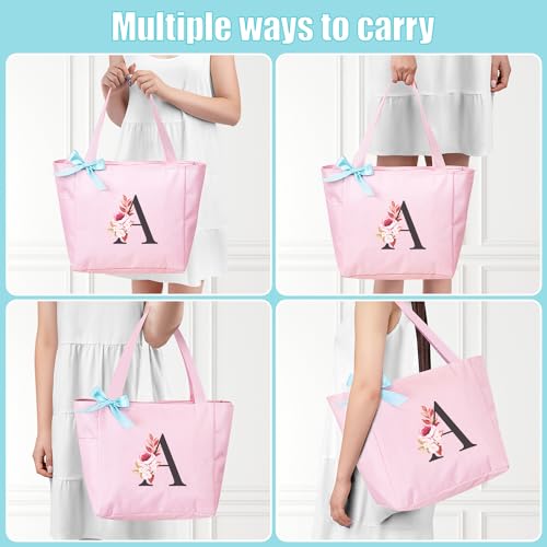 Tote Bag, A-Z Initial Monogrammed Waterproof Tote Bag, Bridesmaid Gifts for Women, Black and Pink (A, Pink)
