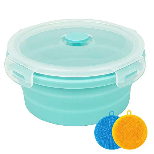 Small Collapsible Bowl Silicone Food Storage Containers Collapsible Camping Bowl for Travel Camping Hiking with Airtight Plastic Lids and 2Pack Silicone Dish Sponges (2 Count)