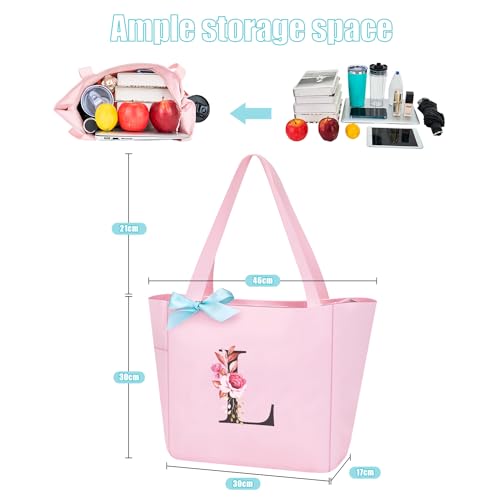 Tote Bag, A-Z Initial Monogrammed Waterproof Tote Bag, Bridesmaid Gifts for Women, Black and Pink (L, Pink)