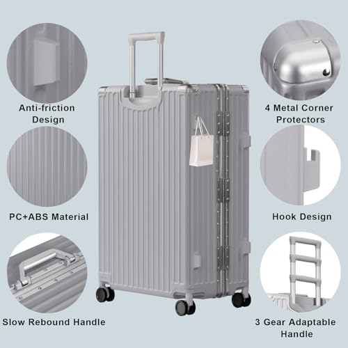 Luggage PC+ABS Aluminum Frame Zipperless Checked Luggage Hard Shell Suitcase with TSA Lock Double Spinner Wheels 28 Inch Silver