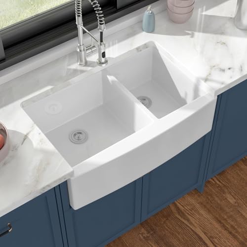 33 In. White Fireclay Farmhouse Sink Curved Apron Front Country Style