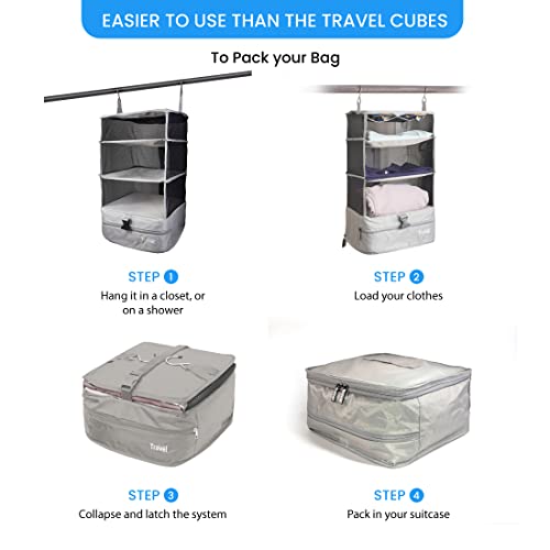 Stow-N-Go Portable Hanging Travel Shelves, Packing Organizer for Luggage. Carry on Closet with Hanger for Clothes. Expandable Packing Cube. Travel Essentials, Light Gray - L