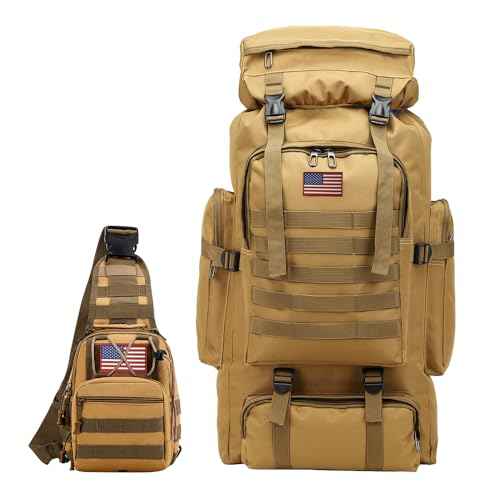 80L 2Pcs Hiking Backpack for Men with Sling Tactical Backpack (2 Count)