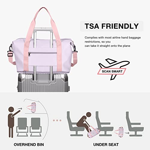Purple Pink Waterproof Duffel Gym Tote Weekender Carry On Overnight Bag for Women with Trolley Sleeve & Wet Pocket