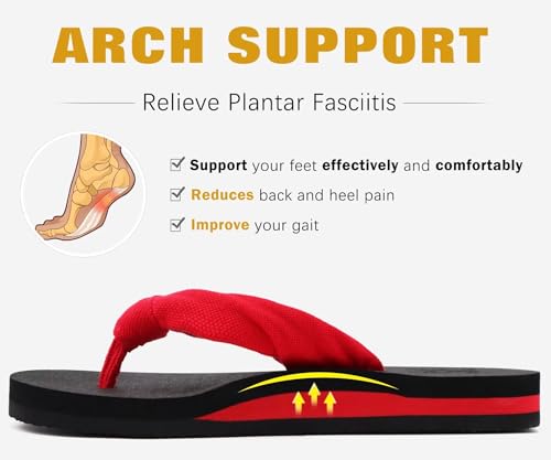 Flip Flops for Women Arch Support Summer Beach Sandals Red Size 7.5