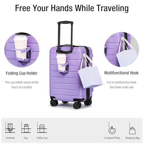 Carry On Luggage 22x14x9 Airline Approved with TSA Lock Hardshell Expandable 20 Inch Suitcase Carry On Suitcase with Wheels Small Travel Rolling Luggage with Cup Holder for Women Lt Purple