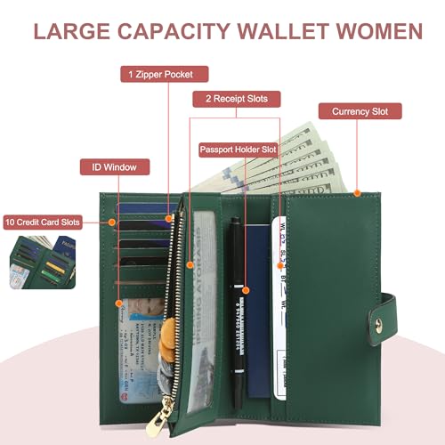Womens Wallet RFID Blocking Vegan Leather Trifold Clutch Credit Card Holder Ladies Travel Wallet Purse with Pen Holder