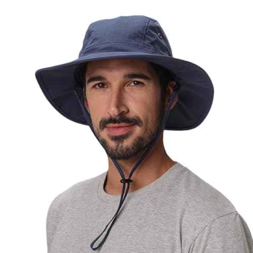 UPF50+ Mens Sun Hat Wide Brim Sun Protection Hat Summer Fishing Hat Navy Blue