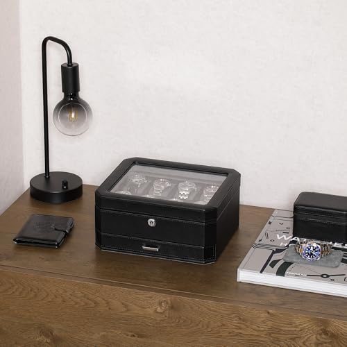 8 Slot Leather Watch Box with Valet Drawer