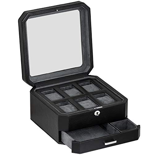 6 Slot Leather Watch Box with Valet Drawer