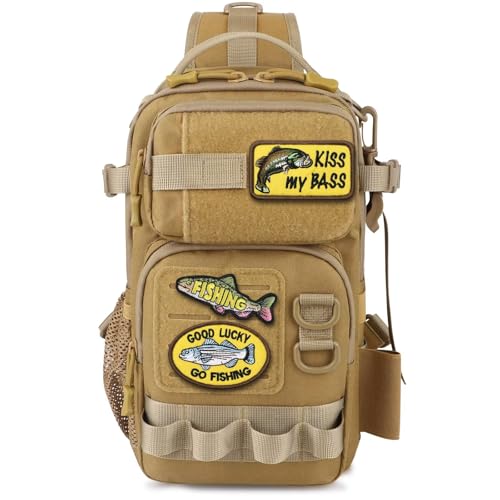 Small Fishing Backpack with Tackle Boxes Fishing Sling Bag DIY Embroidery Patches Tackle Bag Gift for Men Khaki