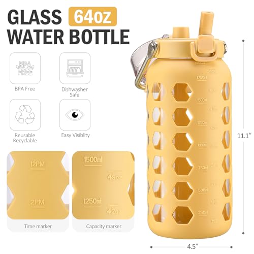 64oz Glass Water Bottle with Straw and Lid