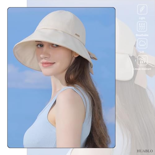 Wide Brim Hats for Woman Foldable Hats Sun Hats for Women uv Protection Bowknot Fishing hat Adjustable hat with Ponytail Hole Beige